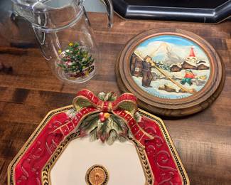 Vintage Fitz and Floyd platter, Spode Pitcher, German Christmas 1973 Decorative Plate in wooden Frame
