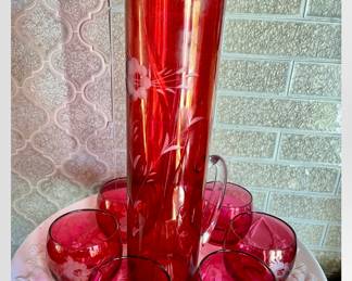 Etched Cranberry Glass Pitcher and 6 cups