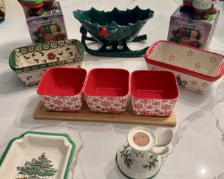 Vintage carolers candle holder (2), Spode ashtray and candle holder, Temptations small holiday loaf bakers, and Hallmark three dish set