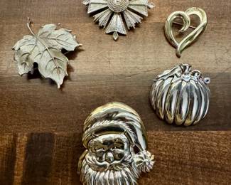 Signed “Best” Santa and Pumpkin pendant/Brooch, Vintage Leaf Brooch, Vintage Heart Brooch and Vintage Art Deco Brooch