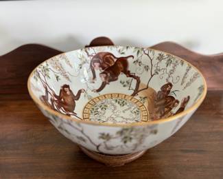 Chinoiserie Porcelain Decorative Bowl With Monkeys, Trees and Florals
