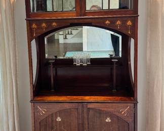Vintage Shapland & Petter art nouveau display cabinet with glass doors and inlay mirror