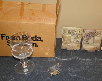 Kosta Boda glasses new in box (one taken out to show), Soapstone bookends
