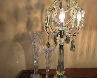 Stunning green glass chandelier lamps.