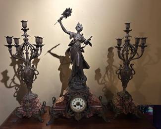 Antique French Mantel Clock with Marble and Bronze Candlesticks. Signed Auguste Moreau.