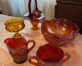 Vintage glass including Indiana Glass Co. Sunset Red Heirloom Carnival Glass Cream and Sugar Set