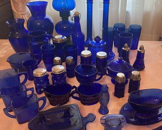 Much cobalt blue glass including Shirley Temple pitcher, iron covered butter & Boyd plane