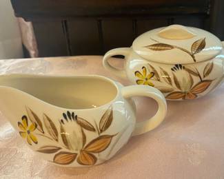 Vintage Kanedai Japan Romany hand-painted ceramic creamer and sugar bowl set with a floral design