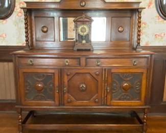 Post-Edwardian sideboard with beveled mirror, barley twist detail & silverware drawer