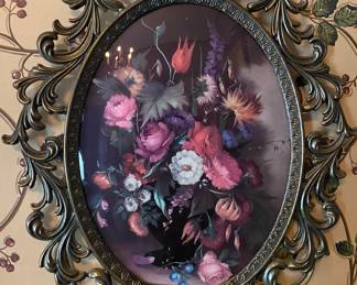 Pair of Vintage Italian oval framed glass, 13.25" floral still life in ornate brass frame