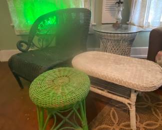 Wicker chair, side table, coffee table & stool