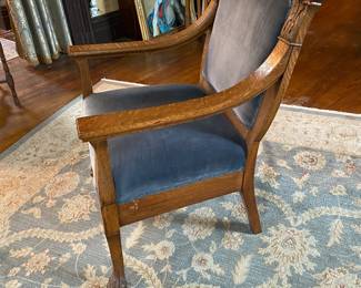 Victorian chair with powder blue upholstery, claw feet & acanthus leaf detail