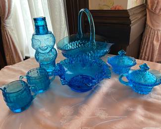 Antique aqua blue glass including Aqua blue Kemple Wheaton Creamer/Sugar- Sawtooth Edge, Indiana Glass Blue Tiara Jolly Mountaineer Figural Liquor Decanter Bottle with a top hat jigger & Indiana Glass Tiara Aqua Blue Barrel Cream and Sugar Set.