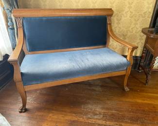 Victorian settee with powder blue upholstery, claw feet & carved acanthus leaf detail.
1 of 3 piece set