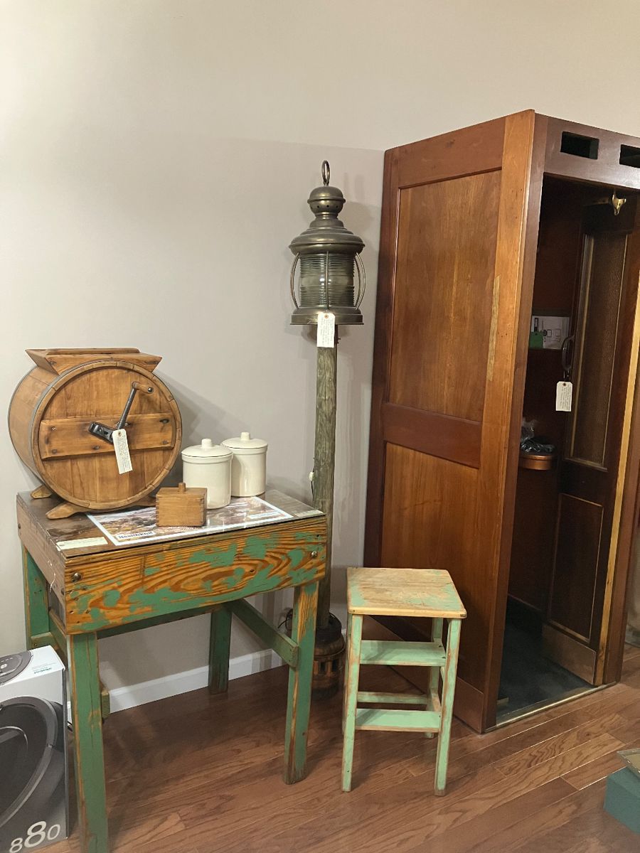 Train station light, butter churn, step stool and work table