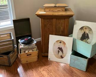 Antique Oak Podium, Crates, Vinyl Records