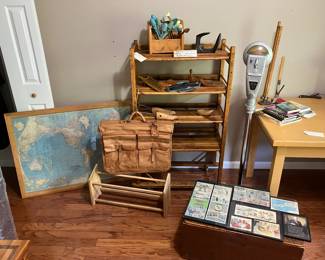 Antique Shoe Store Rack& accessories, Parking Meter with Key, Framed Map & Comics, Leather Garment Bag