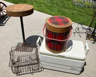 Vintage coolers, miner’s basket and vintage stool