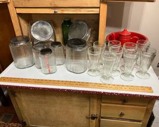Hoosier cabinet and assorted jars