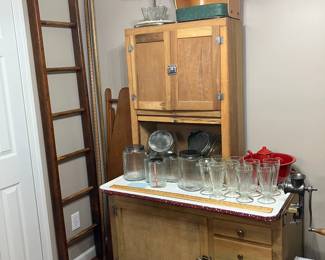 Antique Wooden Ladder & Hoosier Cabinet