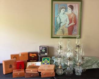 Vintage Wooden Cigar Boxes &
Oil Lamps