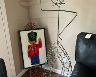 Vintage framed hook rug & wine rack