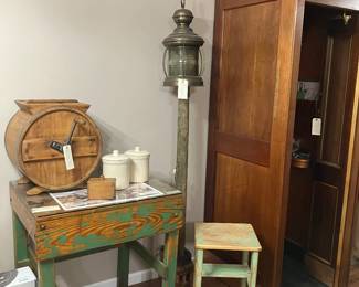 Train station light, butter churn, step stool and work table