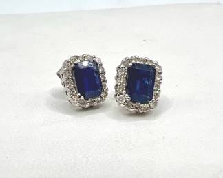 Sparkling Blue Diamond Encrusted 14K White Gold Earrings