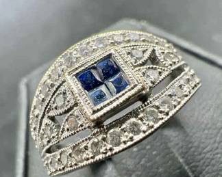 Sparkling Blue Art Deco 18K White Gold Diamond Encrusted Ring