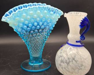 Fenton Blue Opalescent Hobnail & Art Glass Vase