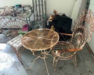 METAL TABLE & PAIR FAN-BACK CHAIRS