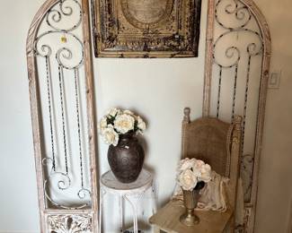 PAIR ARCHED WINDOW SHUTTERS, ICE CREAM PARLOR STOOL