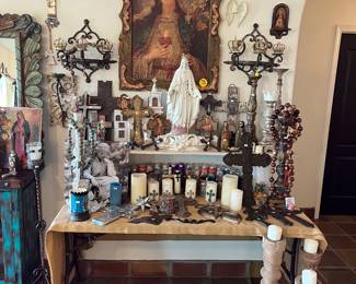 RELIGIOUS ICONS, IRONWORK, CROSSES, LIGHTING