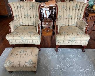 Wingback Antique Chairs with Ottoman
