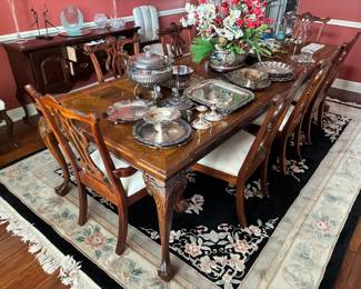 Inlaid wood dining table with 8 chairs