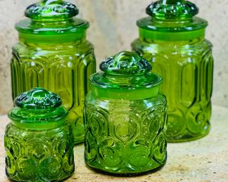 Set of 4 Vintage LE Smith Green Glass Moon & Stars Canisters
