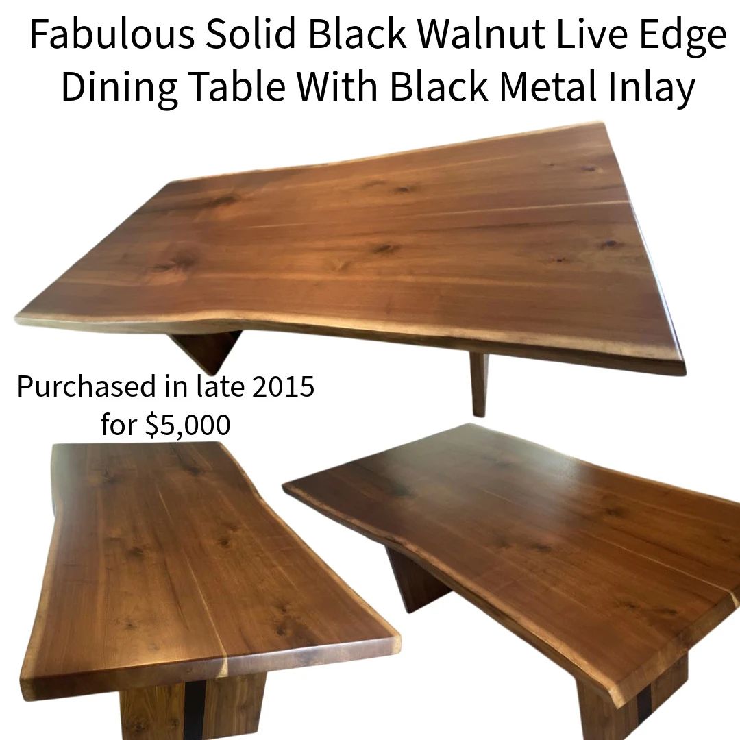 Fabulous Solid Black Walnut Live Edge Dining Table with Black Metal Inlay