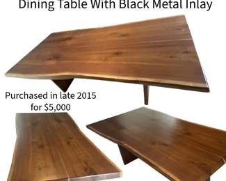 Fabulous Solid Black Walnut Live Edge Dining Table with Black Metal Inlay