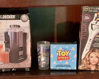 Juicer in box, hair curler, Toy Story watch