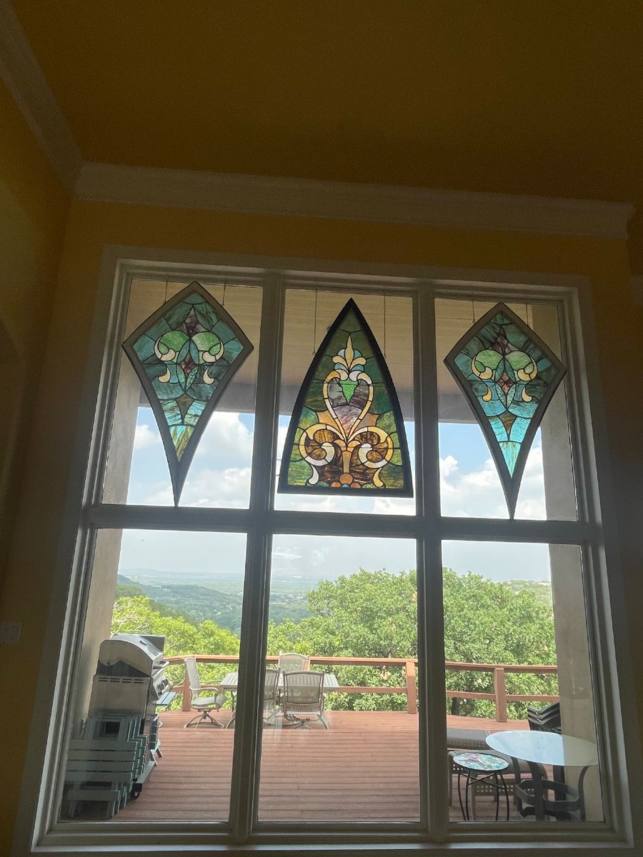 3 ANTIQUE LARGE 5-6 FT STAINED GLASS -FROM A MEETING HOUSE IN NEW PROVIDENCE -IA PER FAMILY RARE AND FABULOUS FINDS - YOU WILL NEED TO BE ABLE TO REMOVE YOURSELF WE CAN NOT HELP