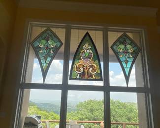 3 ANTIQUE LARGE 5-6 FT STAINED GLASS -FROM A MEETING HOUSE IN NEW PROVIDENCE -IA PER FAMILY RARE AND FABULOUS FINDS - YOU WILL NEED TO BE ABLE TO REMOVE YOURSELF WE CAN NOT HELP