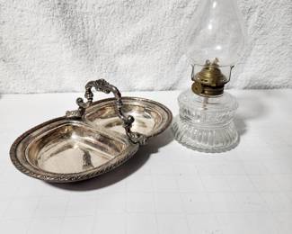 OIL LAMP AND SILVER PLATE NUT DISH