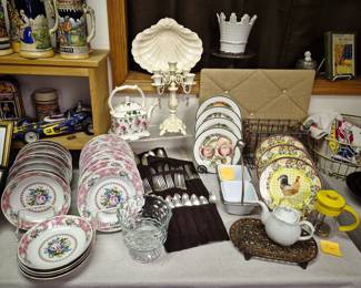 Much, much china, glassware, bottles and pottery
