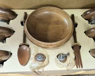 Much MCM kitchenware. Vintage walnut salad bowl set