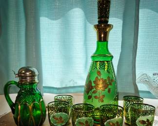 7 pcs. Murano glass decanter and emerald glass syrup pitcher