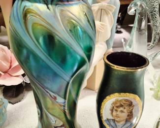 Iridescent Pulled Feather aqua blue vase