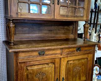 Unique antique 2 pcs. hutch w/ hand carved bottom doors