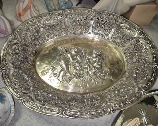 Much sterling, silverplate  and pewter. Cherub .800 German silver dish/bowl