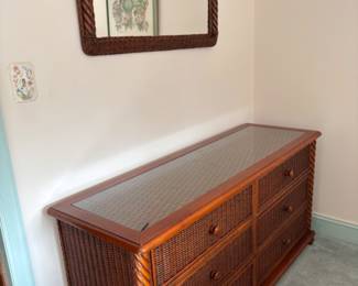 Vintage brown wicker dresser matching mirror glass top