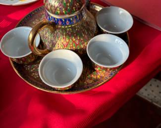 Vintage Asian sake set with gold